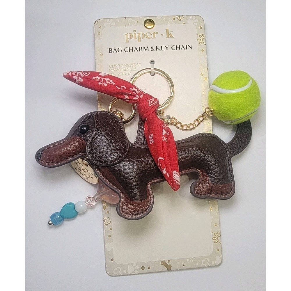 Piper K Dachshund Wiener Dog Layered Bag Charm Key Chain Tennis Ball Bandana NEW - Picture 2 of 4